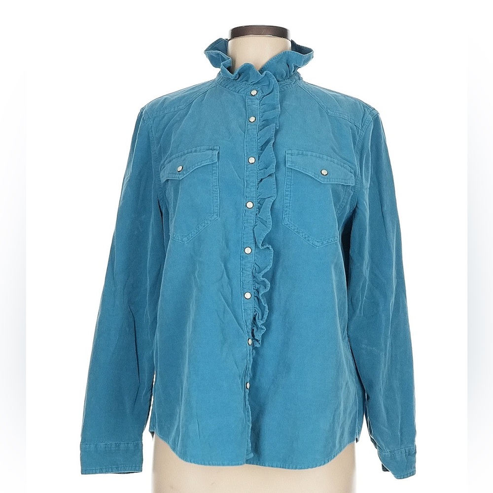 Sundance Ombeline Ruffled Corduroy Shirt Snap Front Turquoise Women’s M